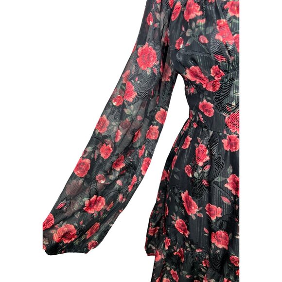 Altard State Floral Puff Long-Sleeve Mini Dress XS Black & Red - Picture 9 of 14